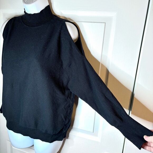 Devotion by Cyrus Dolman Cold Shoulder Black Sweater Mockneck Ribbed Trim M - Picture 8 of 11